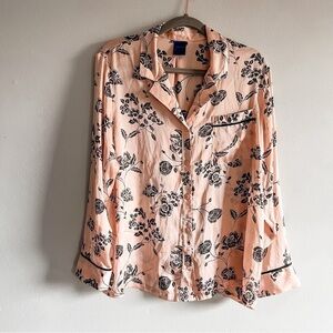 Apt. 9 Pink & Black Floral Silky Long Sleeve Button Up Pajama Top Large